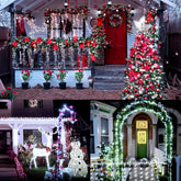Collage of a house decorated for Christmas with lights, wreaths, and festive decorations.